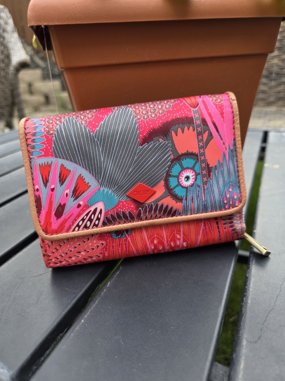 Oilily Pink Multicolor Floral Tri-Fold Wallet Zip Coin Dutch Designer